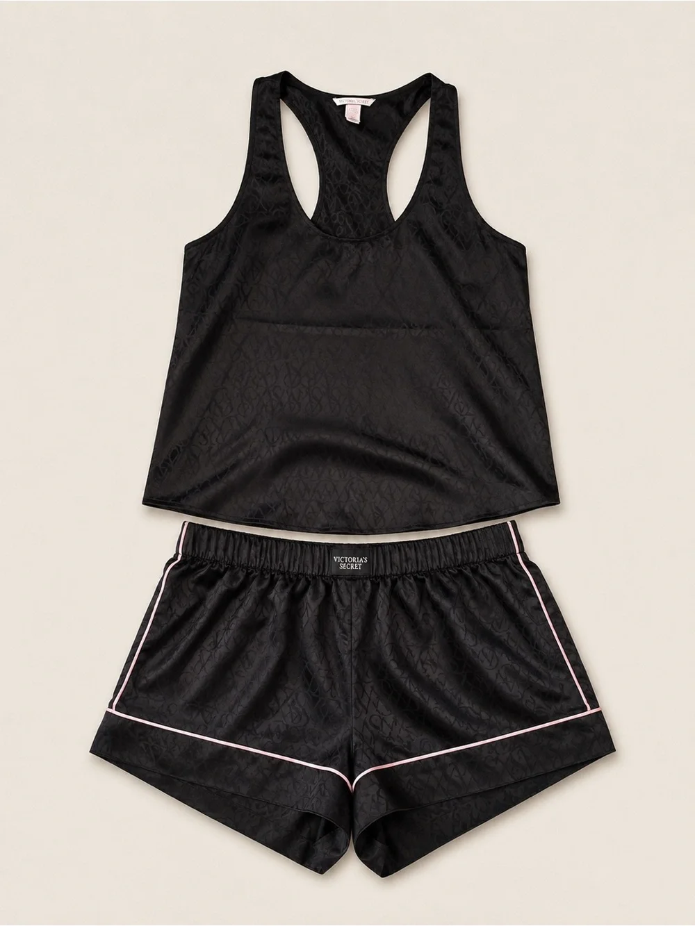Victoria’s Secret Black Satin Jacquard Pajama Set Tank Shorts Small VS Logo